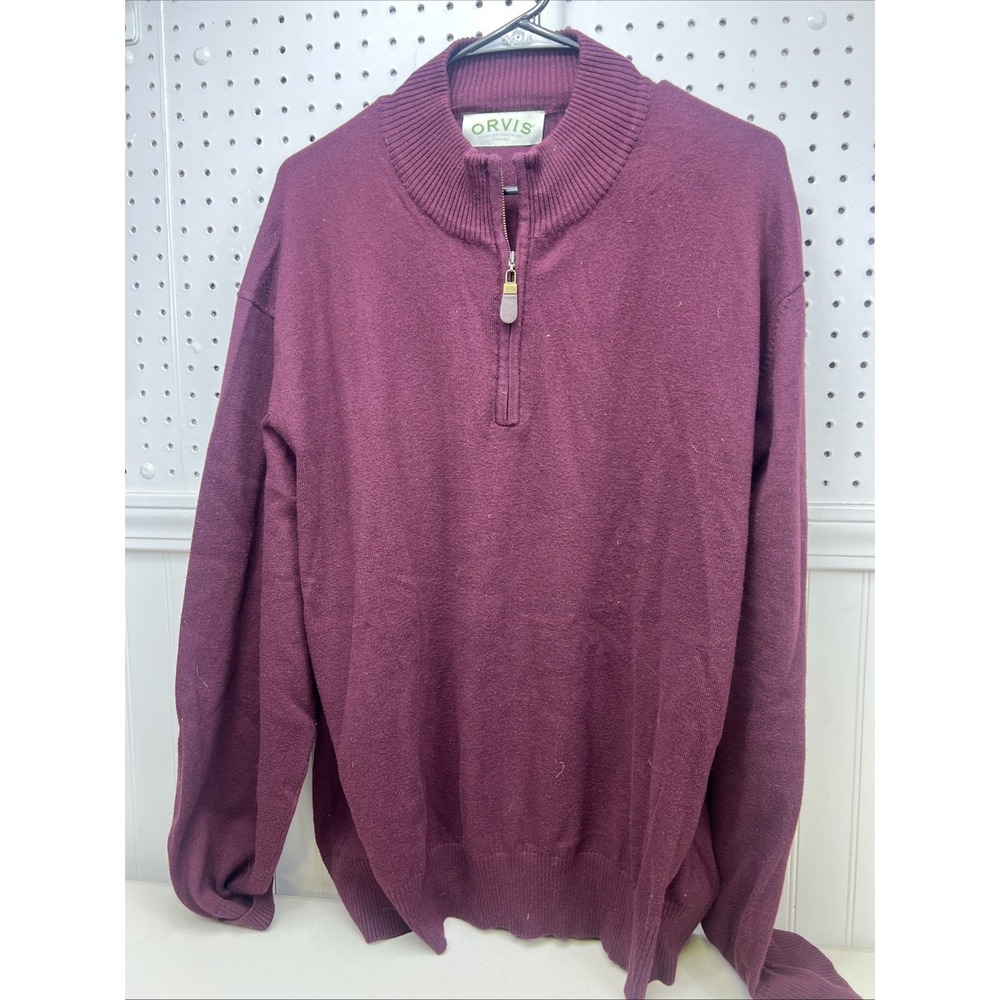 Orvis Sweater Mens XXL Maroon Cotton Silk‎ Cashmere Blend Quarter Zip Stretch